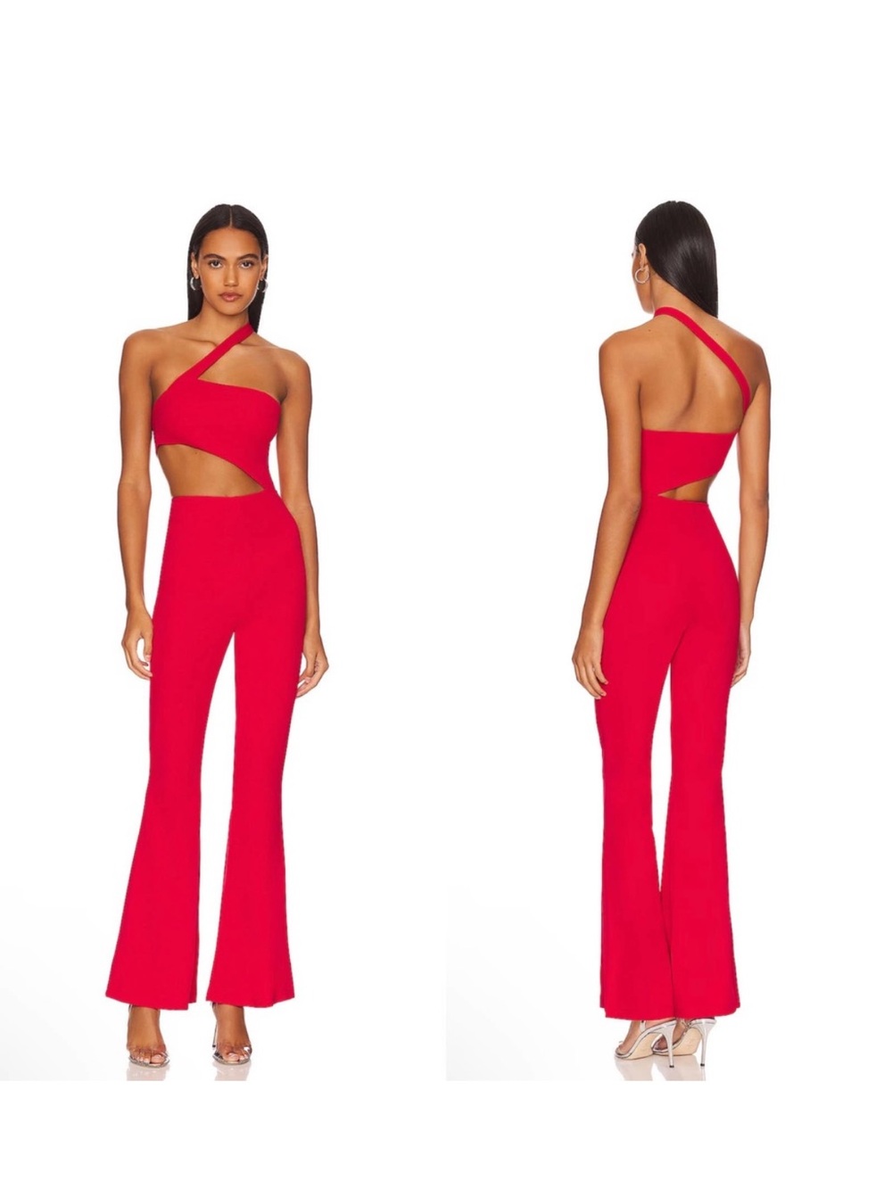 superdown Red One-Shoulder Cutout Flare Jumpsuit
